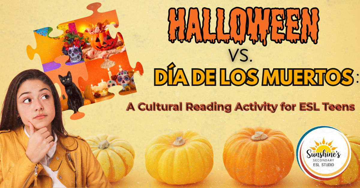 Blog header image for Halloween vs Día de los Muertos ESL lesson featuring pumpkins, sugar skulls, a black cat, and cultural visuals for ESL teens.