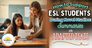 A teacher helping an ESL student during a novel study, representing how to support ESL students during novel studies with summaries and adapted texts.