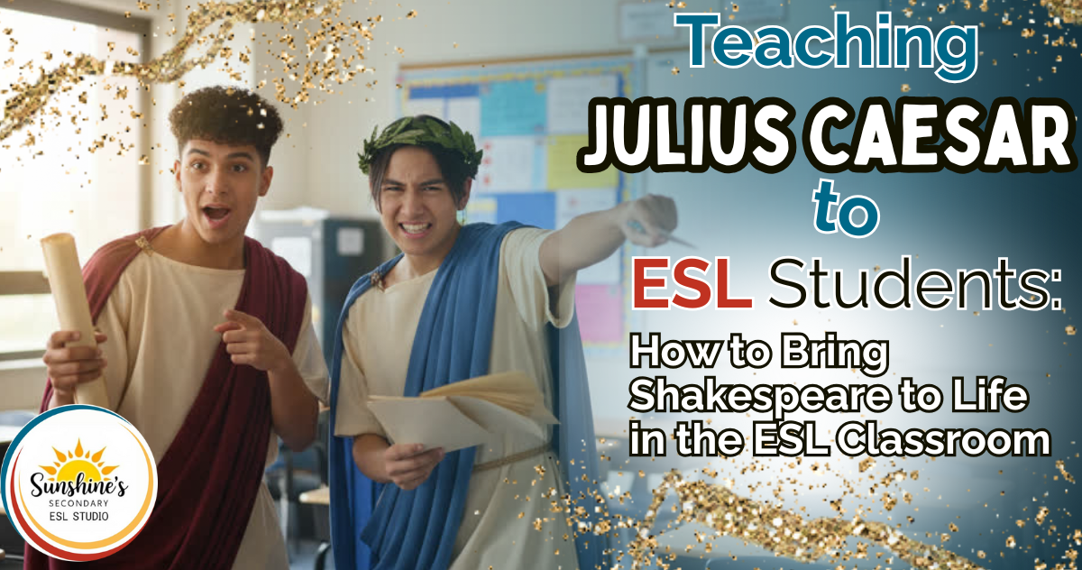 Two ESL students dressed as Romans enthusiastically acting out Julius Caesar in class to illustrate how to teach Shakespeare to ESL students.