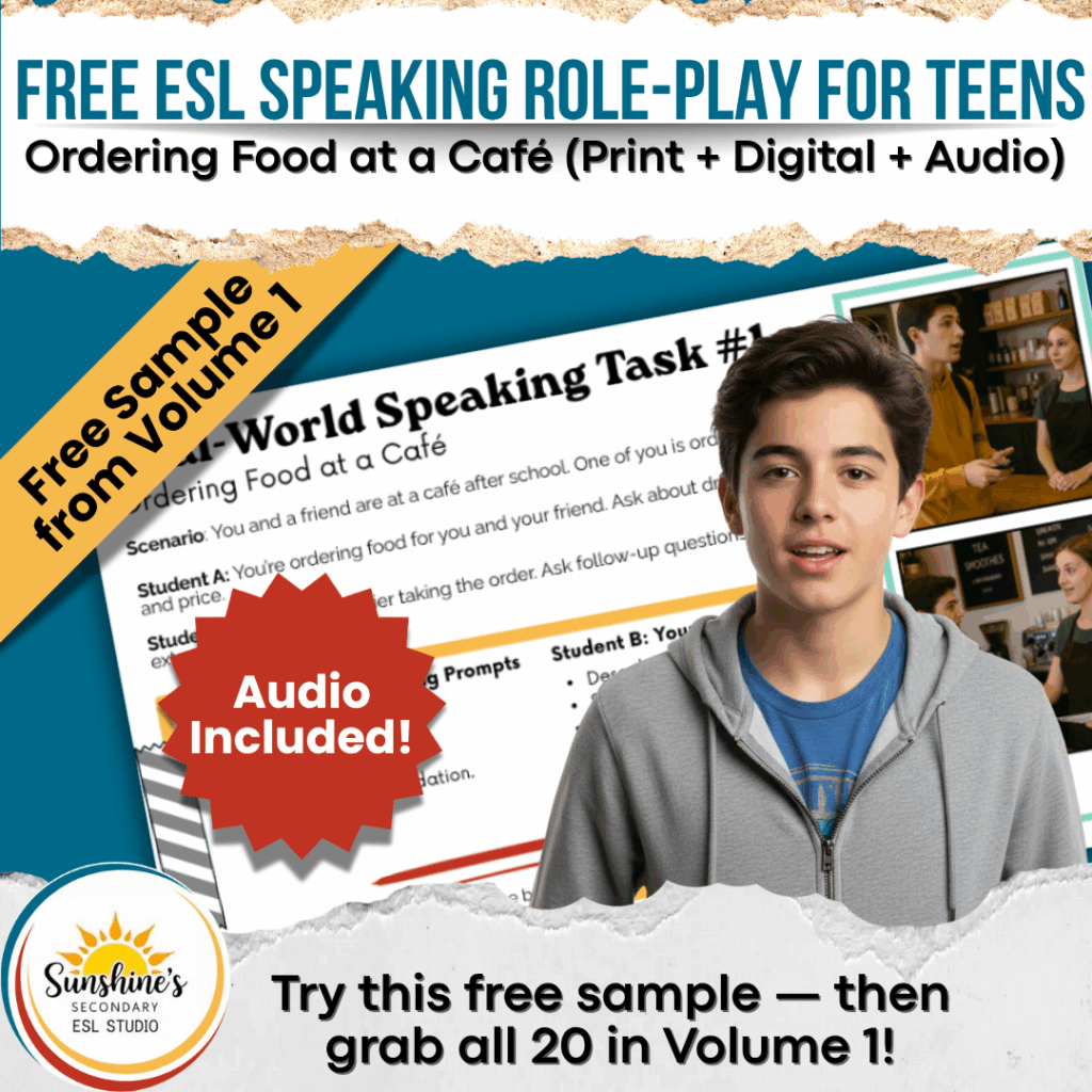 Teen student practicing real-world ESL speaking activities for teens using a free role-play sample about ordering food at a café.