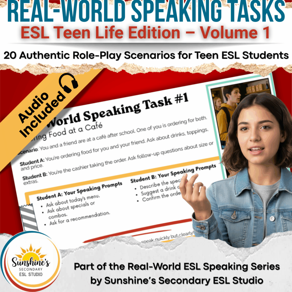 Teen student practicing real-world ESL speaking activities for teens using role-play task cards from the ESL Teen Life Edition Volume 1 set.