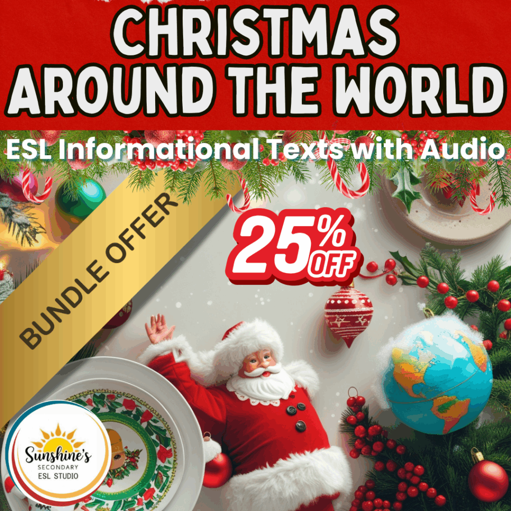 Cover image for the Christmas Around the World ESL Informational Texts with Audio Bundle, featuring Santa Claus, holiday decorations, a world globe ornament, and a 25% off bundle offer banner.