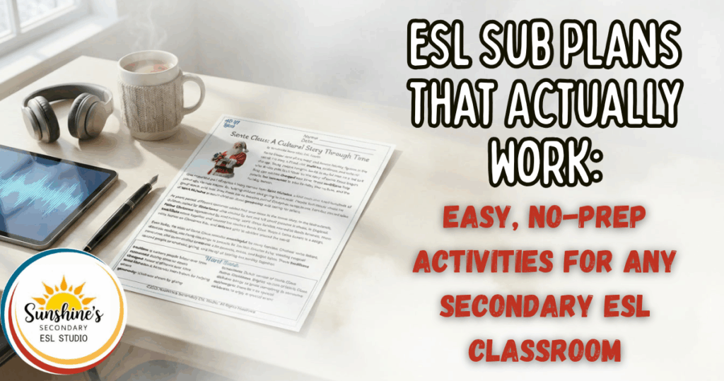 Blog header image showing a teacher desk with headphones, a warm drink, a tablet with audio, and an ESL reading passage, promoting easy ESL sub plans for secondary classrooms.