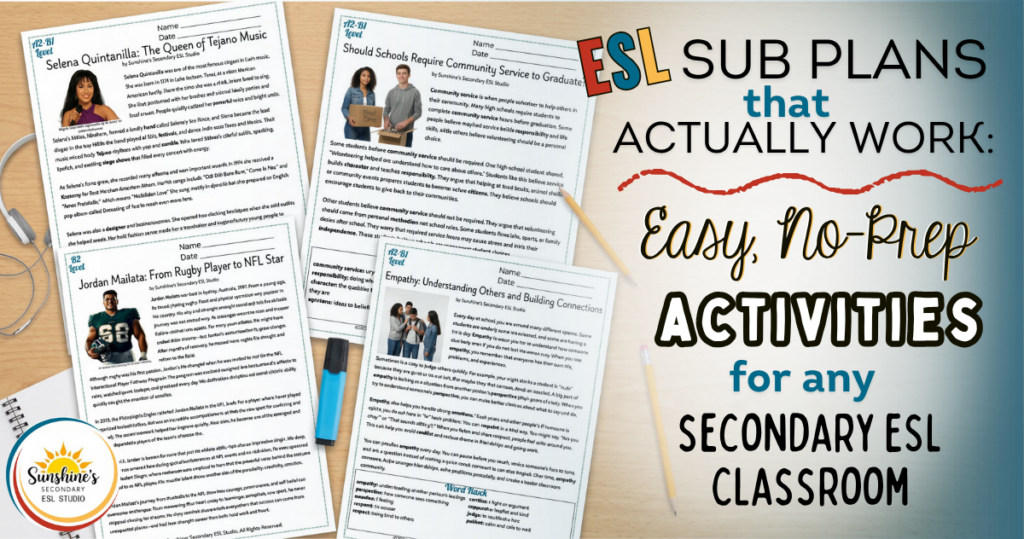 Top-down view of ESL sub plan worksheets on a student desk with title text for no-prep secondary ESL classroom activities.