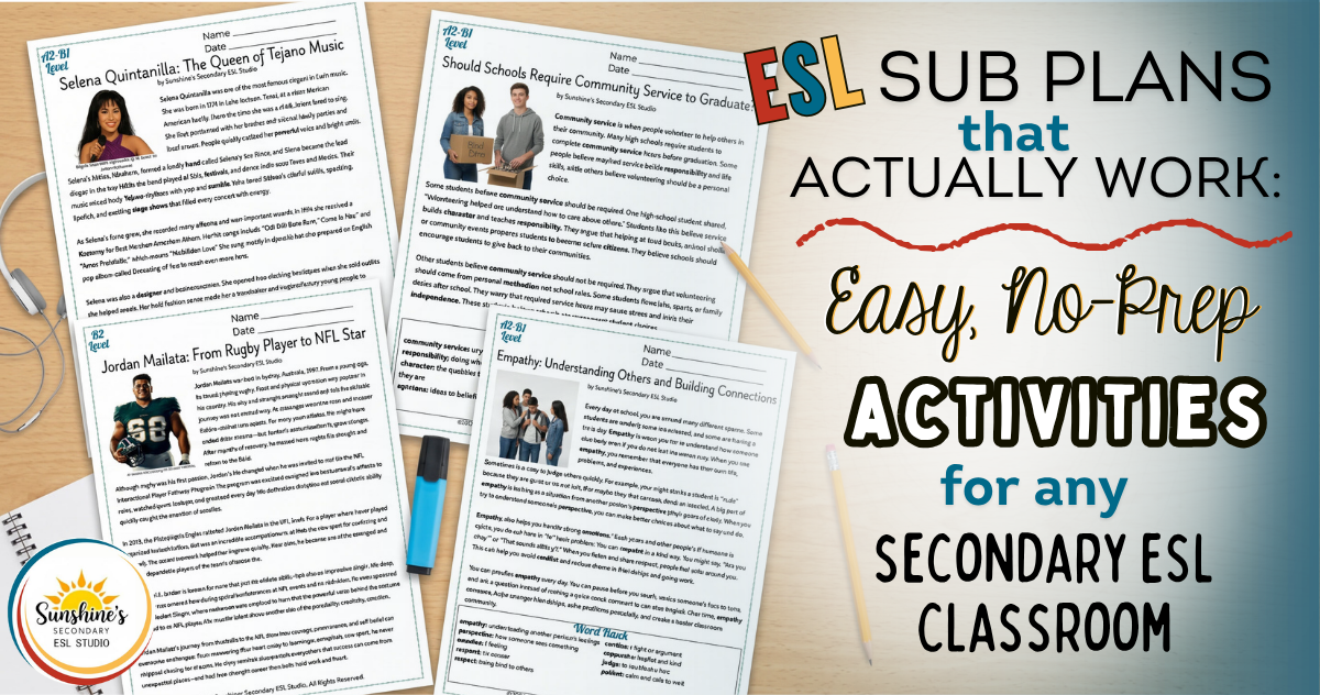 Top-down view of ESL sub plan worksheets on a student desk with title text for no-prep secondary ESL classroom activities.