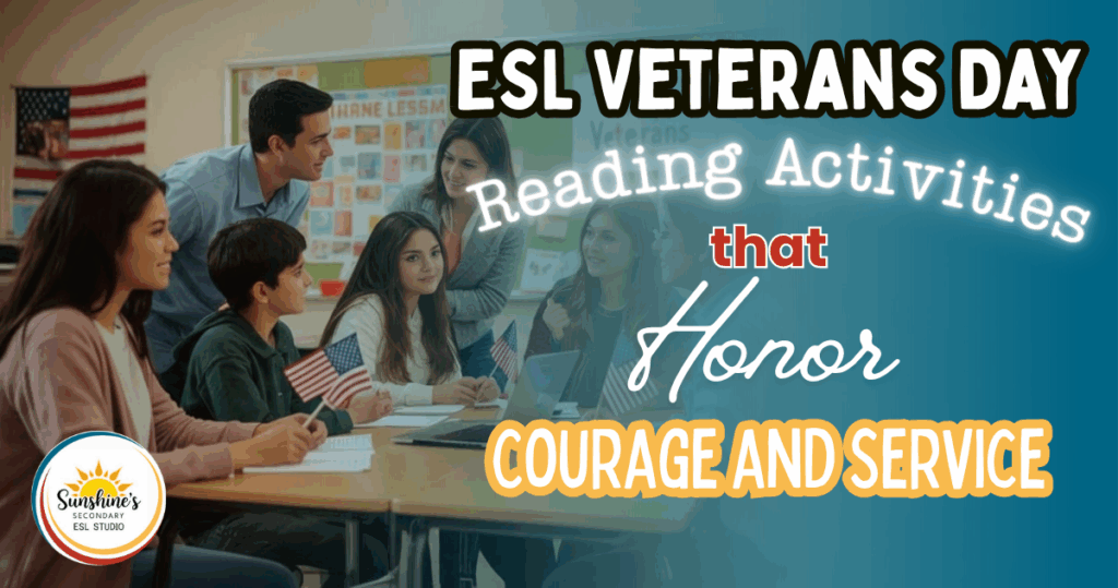 High school ESL students and teachers in a classroom with American flags, symbolizing Veterans Day reading activities that honor courage and service.