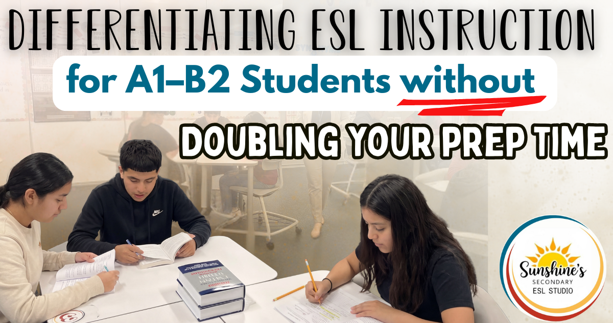 High school ESL students working at tables in a differentiated classroom with mixed A1–B2 language proficiency levels