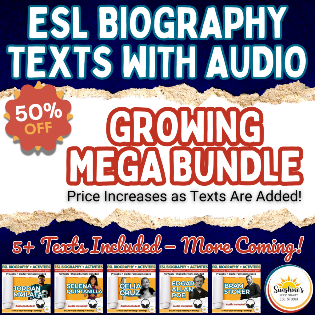 Promotional cover image for the ESL Biography Reading Passages Growing Mega Bundle, featuring a 50% off badge and biography thumbnails for Jordan Mailata, Selena Quintanilla, Celia Cruz, Edgar Allan Poe, and Bram Stoker.
