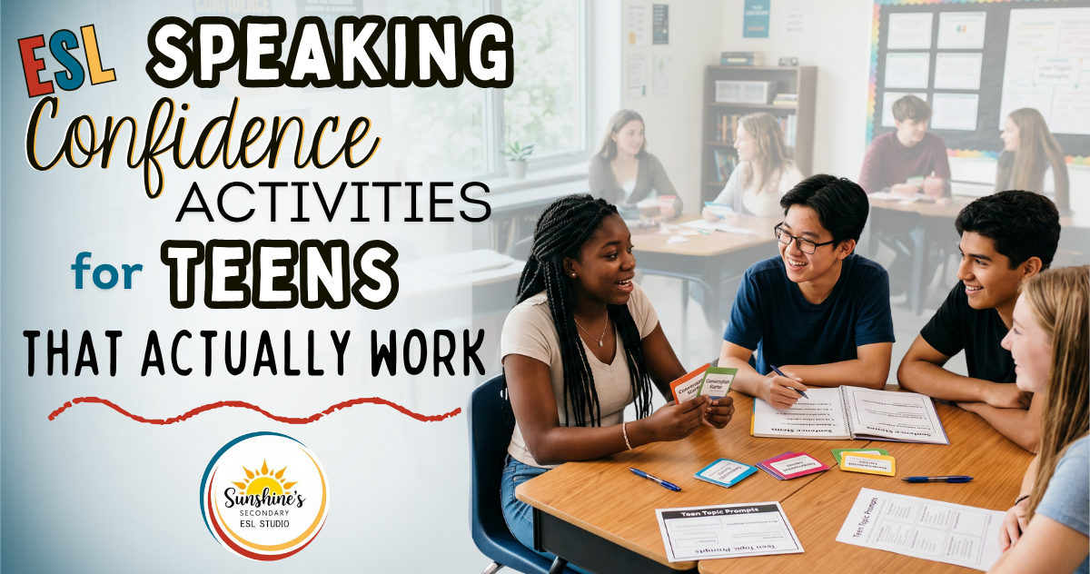 Secondary ESL students using conversation cards during speaking confidence activities for teens