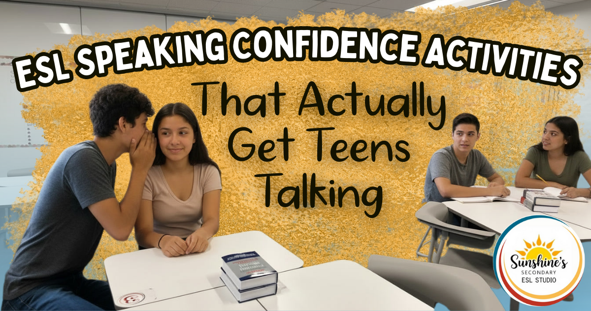 High school ESL students practicing speaking confidence activities in small groups during class