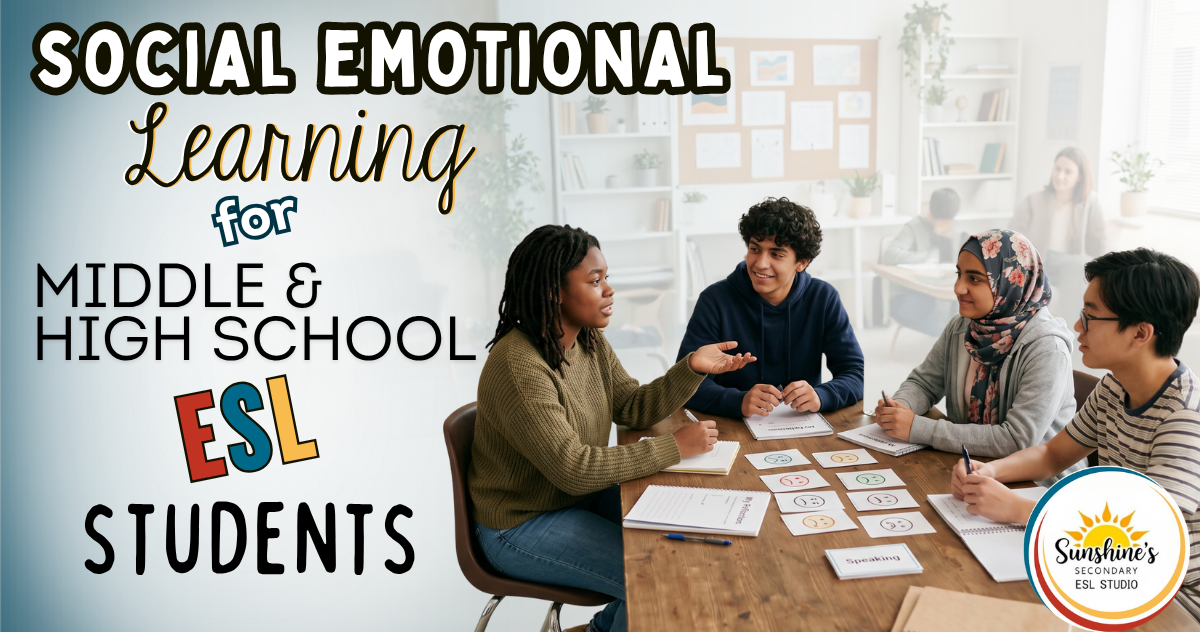 Diverse middle and high school ESL students participating in a social-emotional learning discussion activity