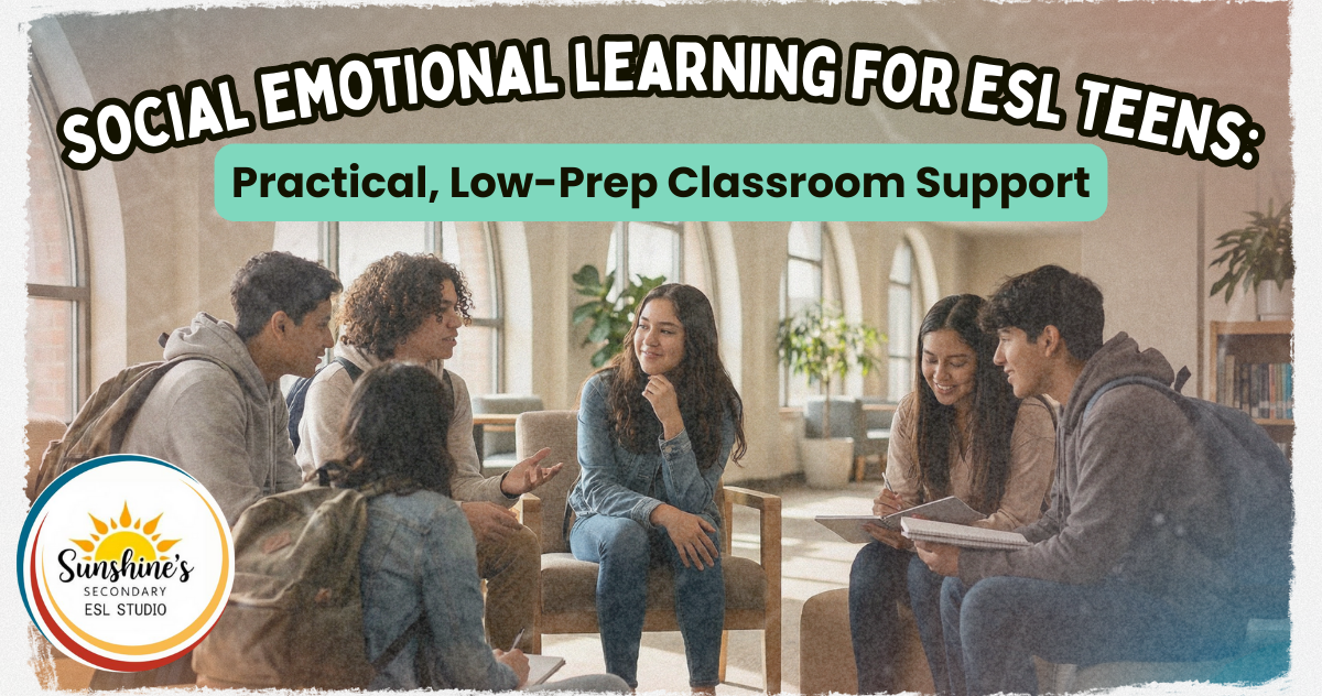 Hispanic ESL teens participating in a social emotional learning discussion in a secondary classroom setting