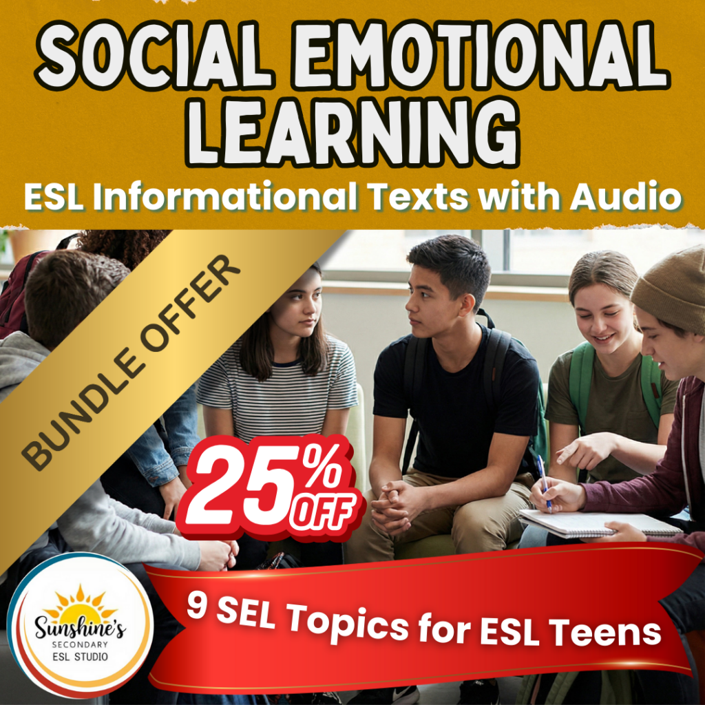 Social Emotional Learning for ESL teens bundle featuring informational texts with audio and nine SEL topics