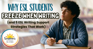 High school ESL student pausing thoughtfully before writing at a desk, representing why ESL students freeze when writing and the need for ESL writing support strategies.