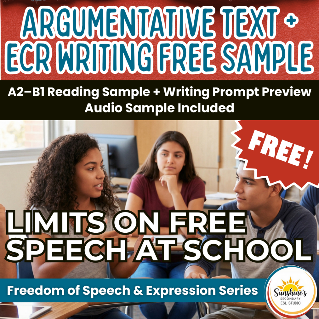 A free argumentative text plus ECR writing sample on "Limits on Free Speech in School"