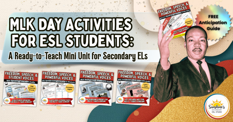 Blog header featuring “MLK Day Activities for ESL Students” with Martin Luther King Jr. and ESL MLK lesson resources, including a free anticipation guide.