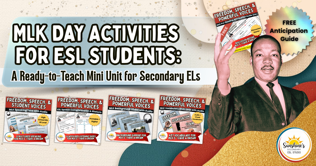 Blog header featuring “MLK Day Activities for ESL Students” with Martin Luther King Jr. and ESL MLK lesson resources, including a free anticipation guide.