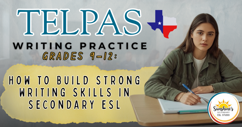High school ESL student completing TELPAS writing practice activity in a secondary classroom