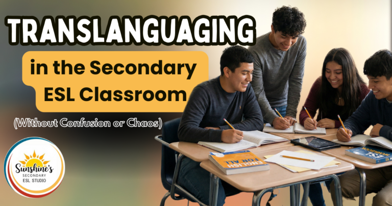 High school ESL students collaborating at desks while working with notebooks and textbooks