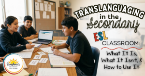 Three secondary ESL students collaborating in class beside the title Translanguaging in the Secondary ESL Classroom.