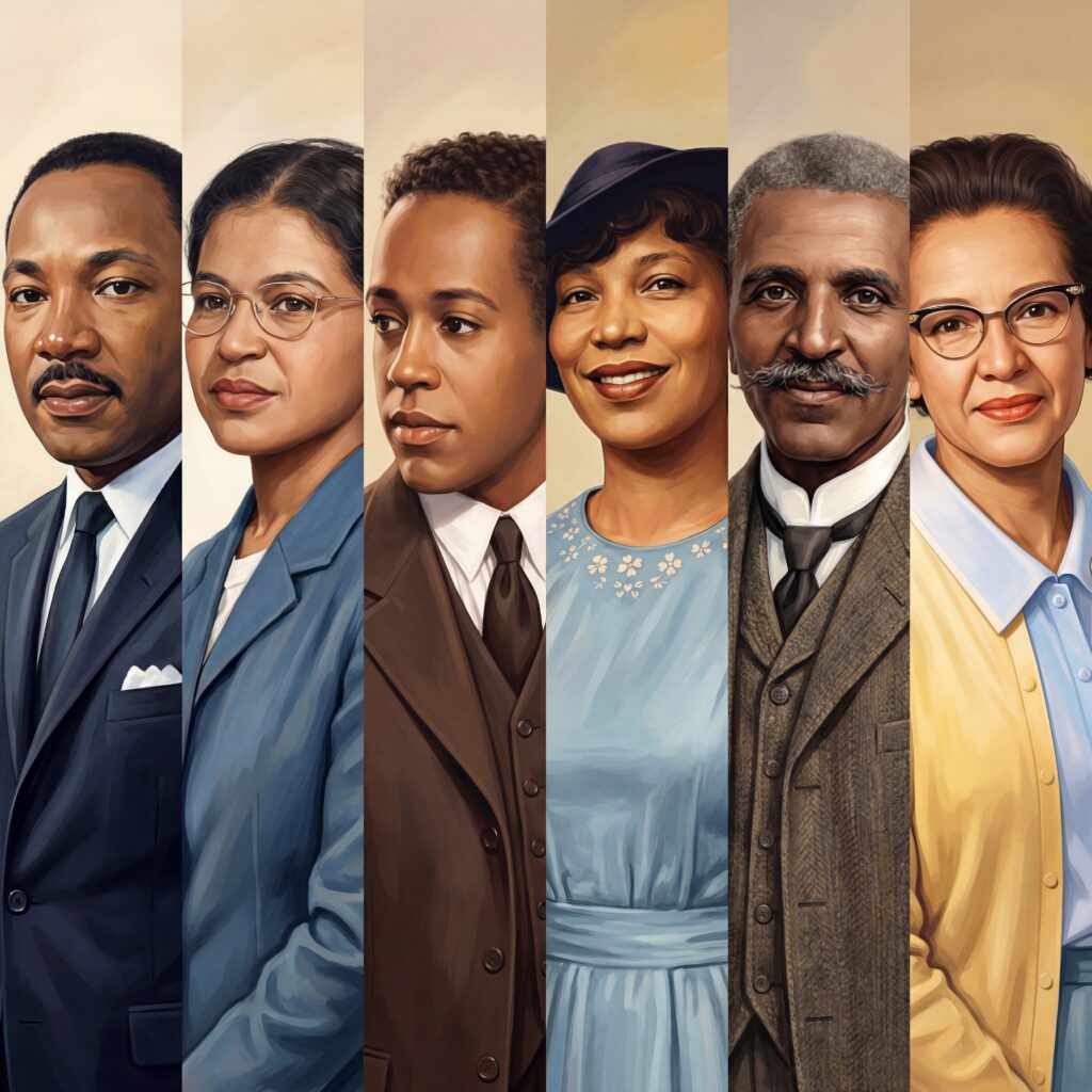 Illustrated portraits representing influential African American historical figures from different fields