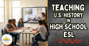 High school ESL students discussing U.S. history topics with a teacher during a collaborative classroom lesson