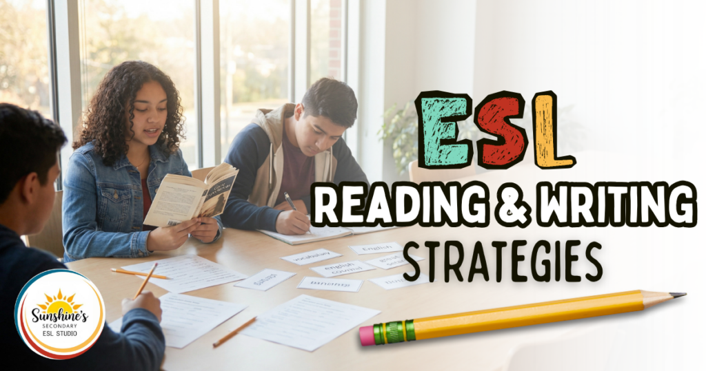 High school ESL students practicing reading and writing activities together in a classroom while using ESL reading and writing strategies.
