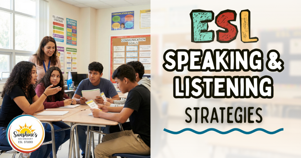 Hispanic high school ESL students practicing ESL speaking and listening skills in a collaborative classroom discussion.