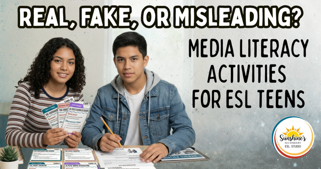 Two Hispanic teens using media literacy discussion cards and a response sheet for ESL teens