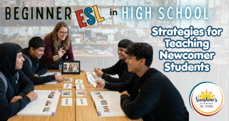 High school ESL teacher helping beginner newcomer students practice English using visual vocabulary cards and speaking activities