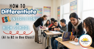 Teacher differentiating ESL instruction in a high school classroom with A1 to B2 English learners working at different levels