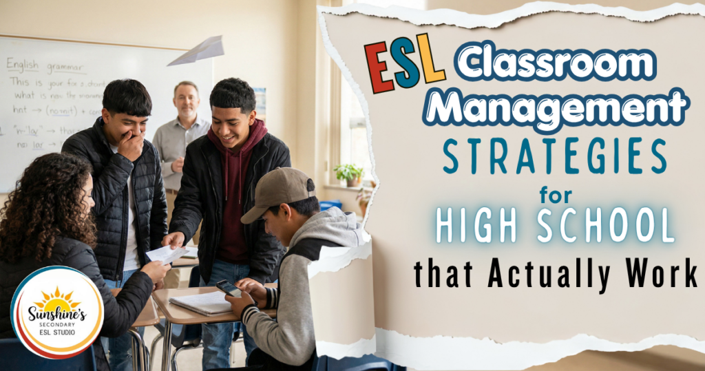 High school ESL classroom with students off-task while teacher monitors, illustrating classroom management strategies for ESL learners