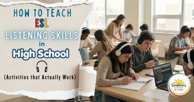 High school ESL students using headphones for listening activities in a classroom setting