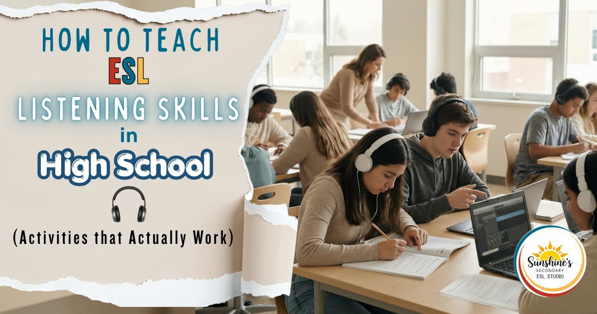 High school ESL students using headphones for listening activities in a classroom setting