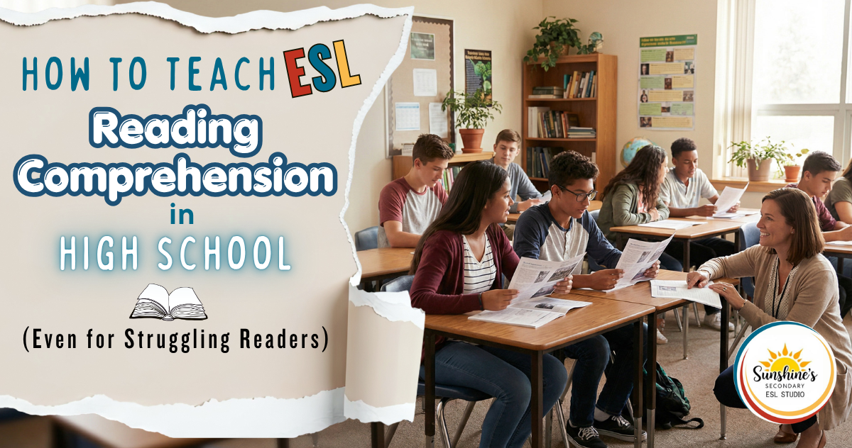 High school ESL students working on reading comprehension with teacher support in a classroom