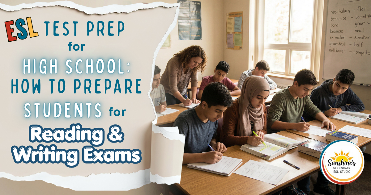 High school ESL students working on reading and writing test prep with teacher support in classroom