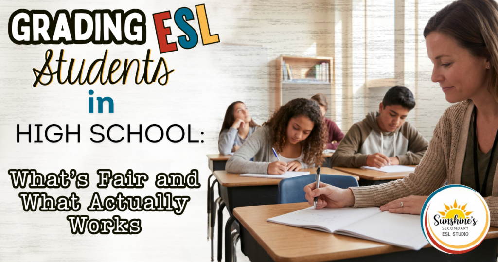 Teacher grading ESL student work in a high school classroom with multilingual students writing at desks