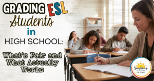 Teacher grading ESL student work in a high school classroom with multilingual students writing at desks