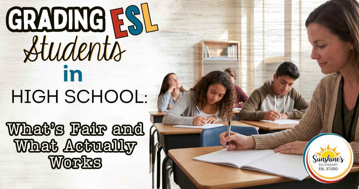 Teacher grading ESL student work in a high school classroom with multilingual students writing at desks