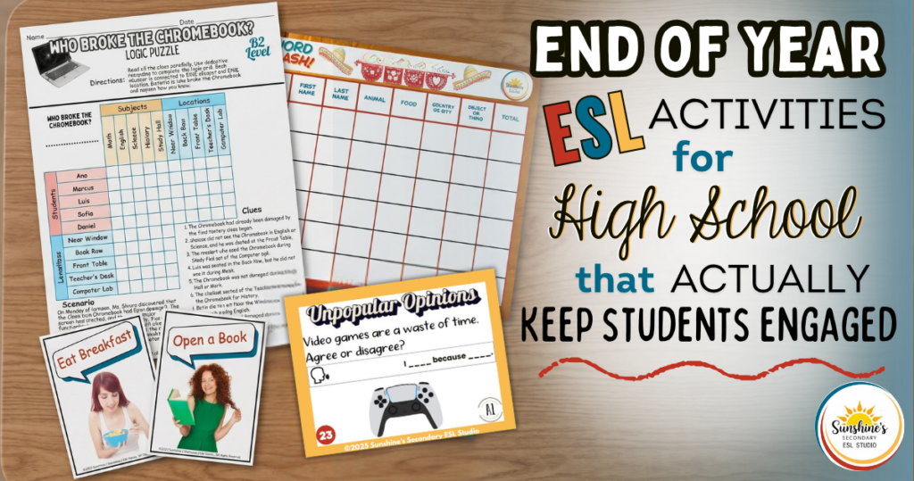 Top-down view of ESL classroom activities including logic puzzles, conversation cards, and Word Dash for high school students
