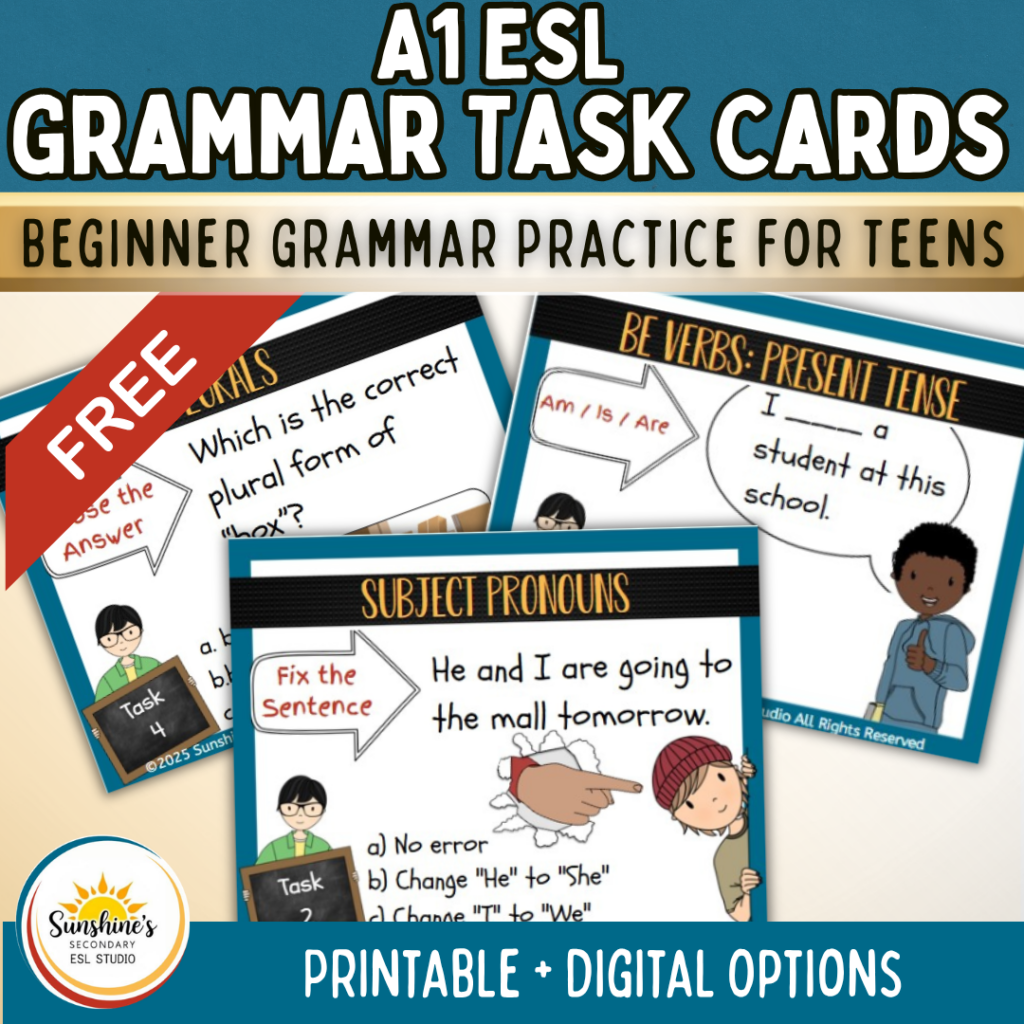 beginner ESL students using A1 grammar task cards to practice subject pronouns and present tense in a high school classroom