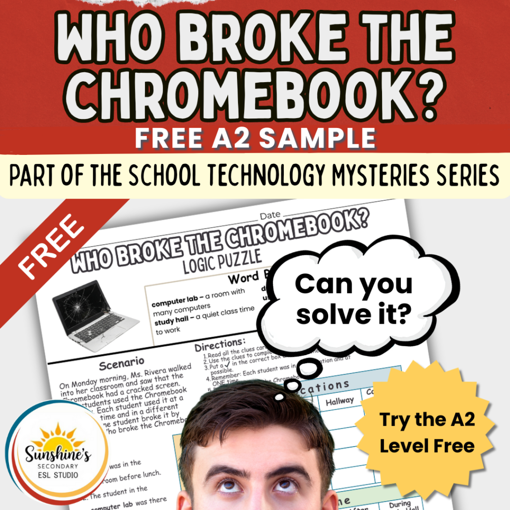 ESL students solving a logic puzzle about who broke the Chromebook using clues and critical thinking in a high school classroom
