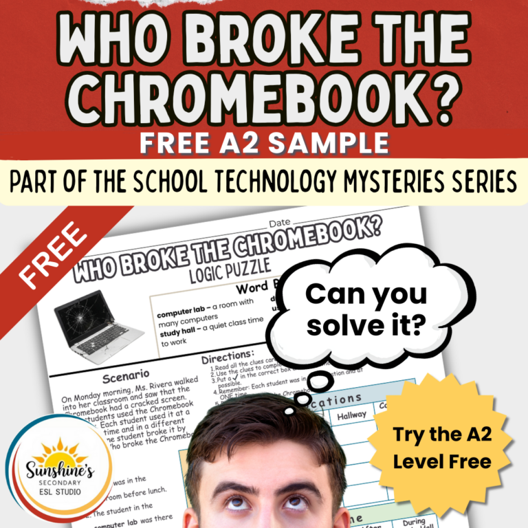 ESL students solving a logic puzzle about who broke the Chromebook using clues and critical thinking in a high school classroom