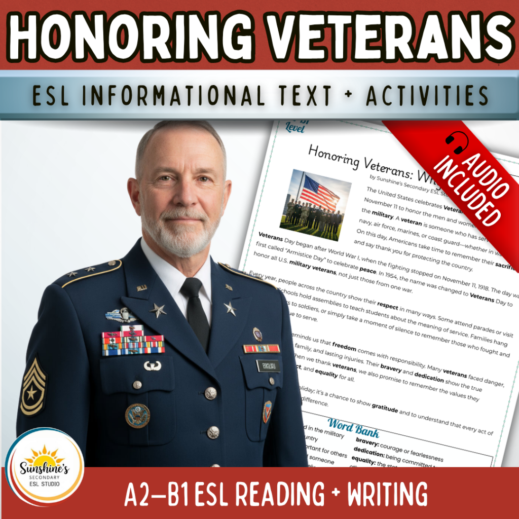 ESL students working on an informational text about honoring veterans with reading, writing, and audio support in a high school classroom