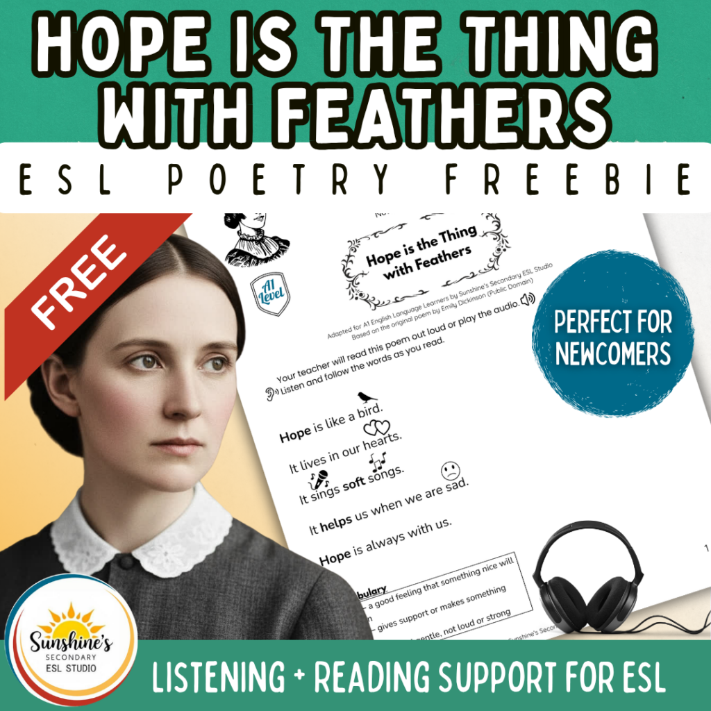 ESL students reading and listening to Hope Is the Thing with Feathers poem with scaffolded support for newcomers