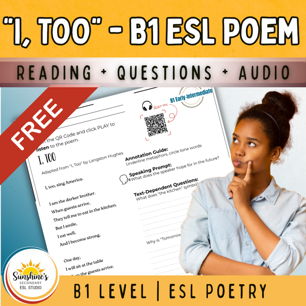 ESL students analyzing the poem I Too with reading questions and audio support for B1 level learners