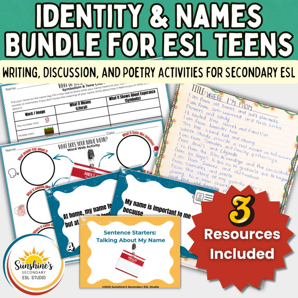 ESL students completing identity and name writing activities including poetry, discussion, and sentence starters in a high school classroom