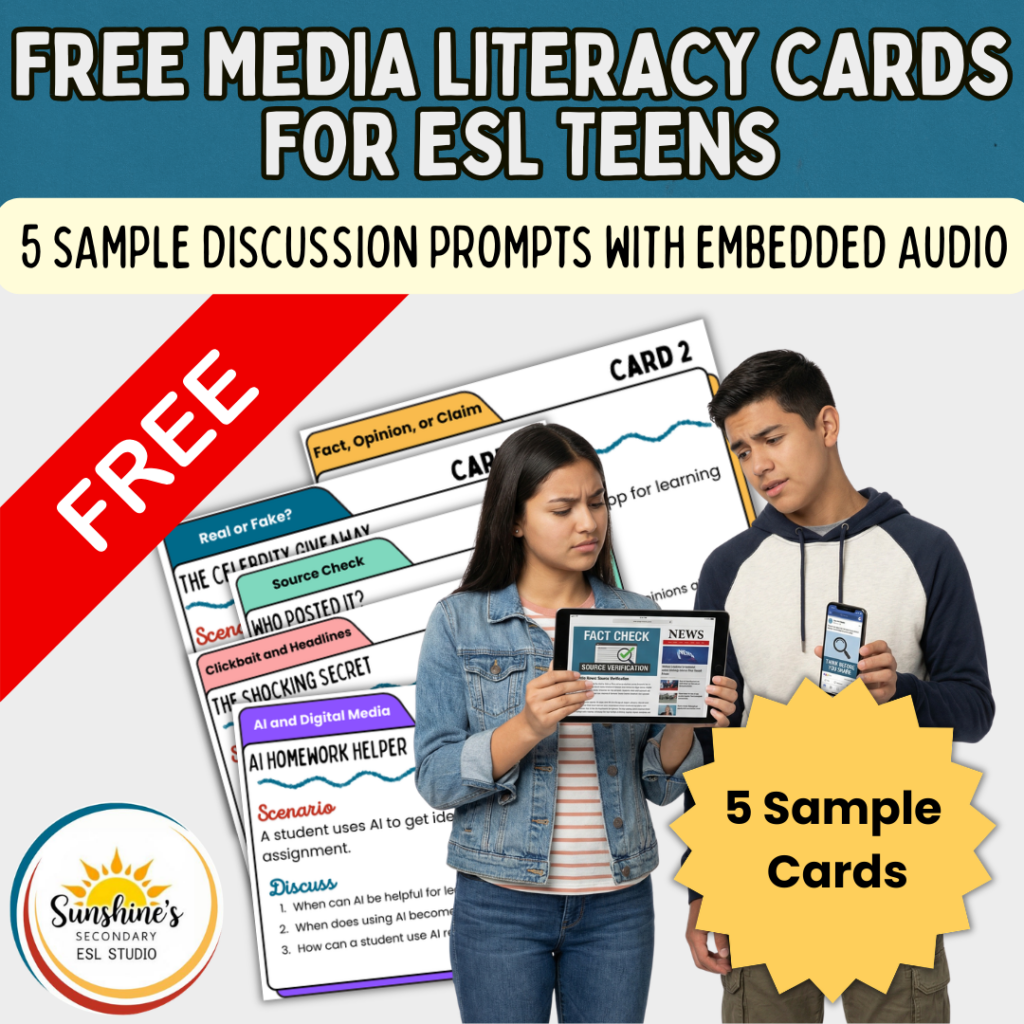 ESL students analyzing media literacy cards with discussion prompts and audio support in a high school classroom