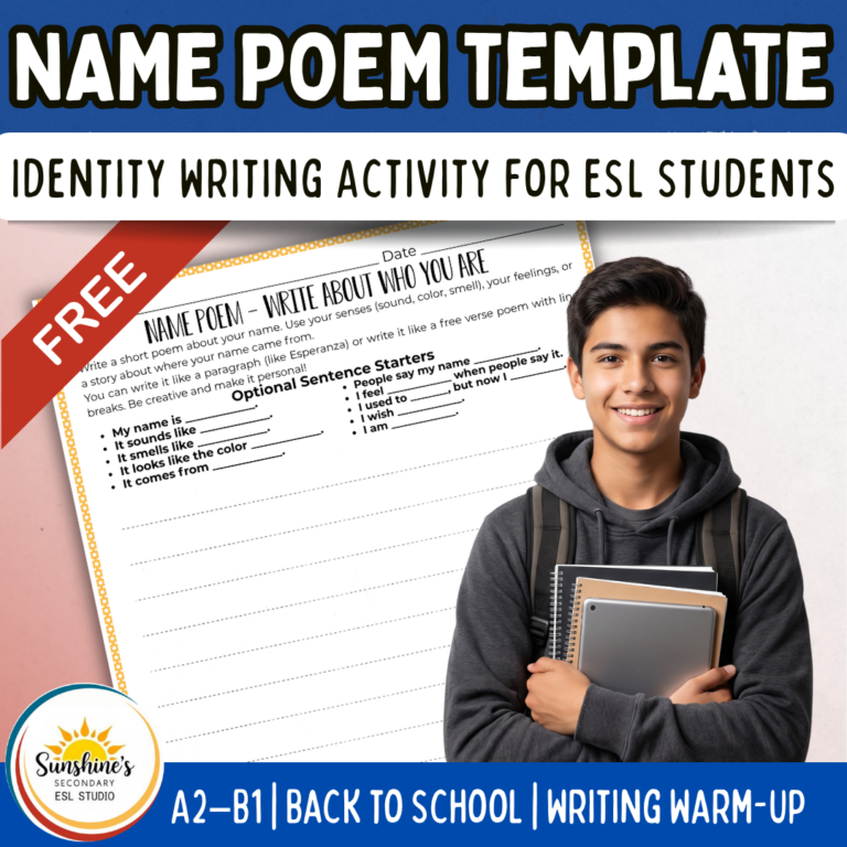 ESL student completing a name poem writing template for an identity activity in a high school classroom