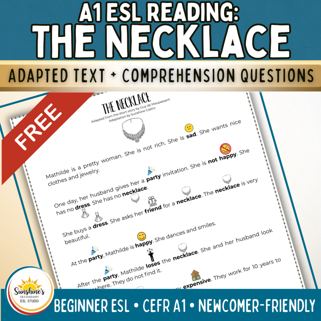 beginner ESL students reading an adapted version of The Necklace with comprehension questions for A1 level learners
